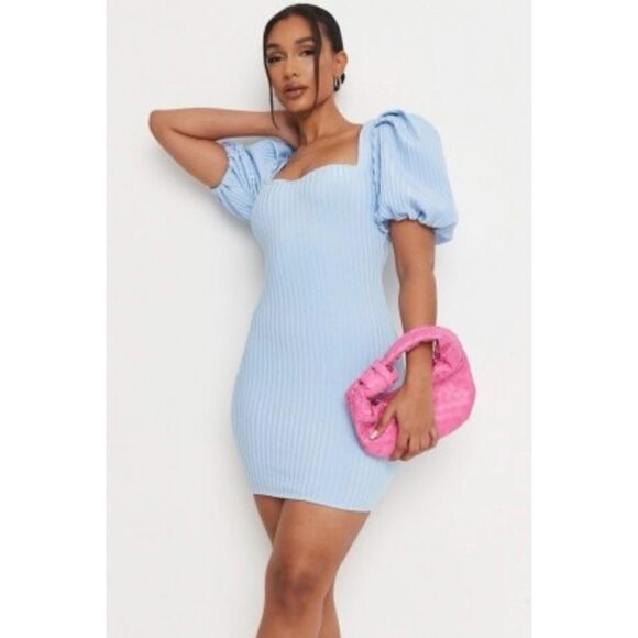 Missguided Puff Sleeve Ribbed Bandage Mini Dress Blue Size US 12 - Picture 1 of 7